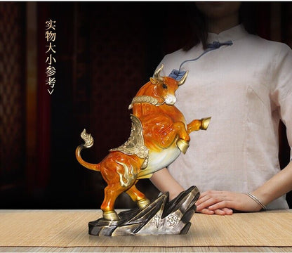 13 in, Home Wealth Fengshui Brass Copper Zodiac Ox Bull cattle Statue Sculpture