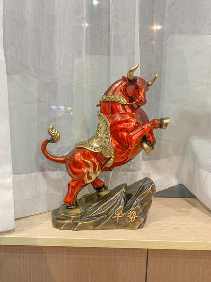 Home Decoration RED Copper Brass China Zodiac OX Oxen Cattle Bull Cow Statue niu