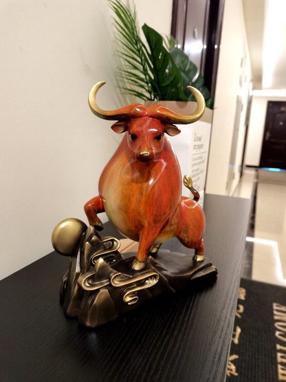 26cm,brass Copper home Feng shui animal fortune folk wealth bull ox niu statue