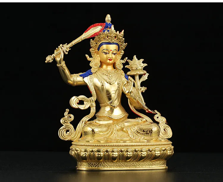 5A TOP GOOD # Tibetan Buddhism Talisman efficacious Protection Gold-plated Bodhisattva Manjusri Guru Buddha brass statue