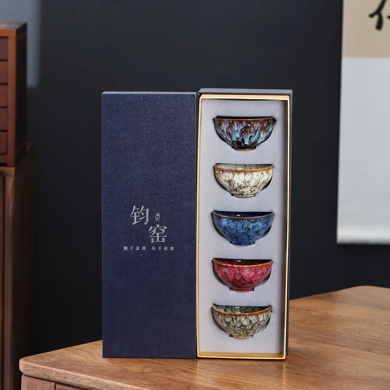 5Pcs/Set Kiln Change Ceramic Tea Cup Set Tea Bowl Kung Fu Tea Set Master Cup Small Teacup Teaware Retro Chinese Tea Set Gift Box