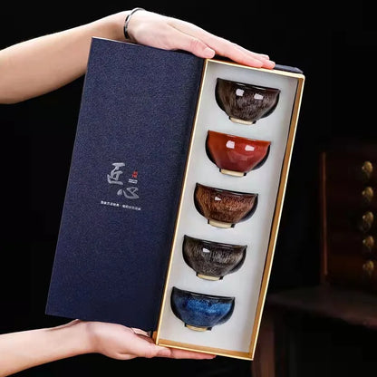 5Pcs/Set Kiln Change Ceramic Tea Cup Set Tea Bowl Kung Fu Tea Set Master Cup Small Teacup Teaware Retro Chinese Tea Set Gift Box