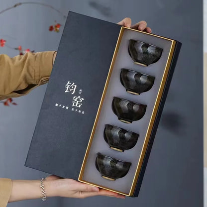 5Pcs/Set Kiln Change Ceramic Tea Cup Set Tea Bowl Kung Fu Tea Set Master Cup Small Teacup Teaware Retro Chinese Tea Set Gift Box