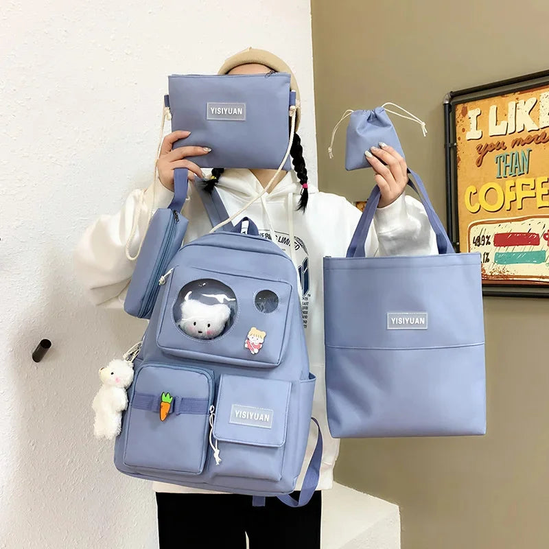5Pcs/Set Schoolbags Teenager Girls Backpack Large Fashion Cute Pattern School Bags New Trend Shoulder Backpacks For Women