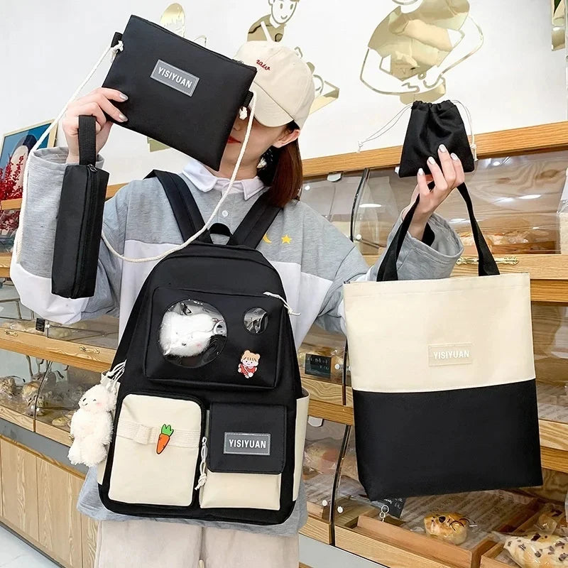 5Pcs/Set Schoolbags Teenager Girls Backpack Large Fashion Cute Pattern School Bags New Trend Shoulder Backpacks For Women