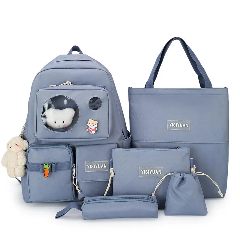 5Pcs/Set Schoolbags Teenager Girls Backpack Large Fashion Cute Pattern School Bags New Trend Shoulder Backpacks For Women