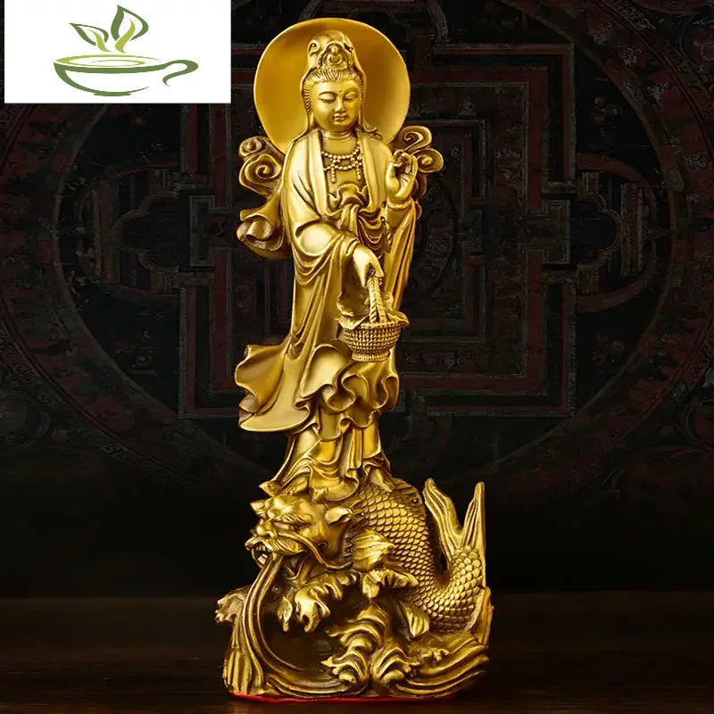 Fengshui Copper Dragon Guanyin Ornaments Stand Bodhisattva Statue Home Living Room Desktop Buddha Decor