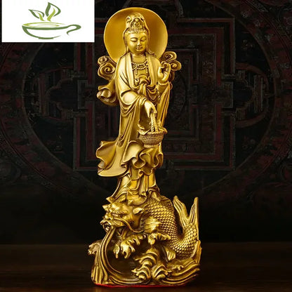 Fengshui Copper Dragon Guanyin Ornaments Stand Bodhisattva Statue Home Living Room Desktop Buddha Decor