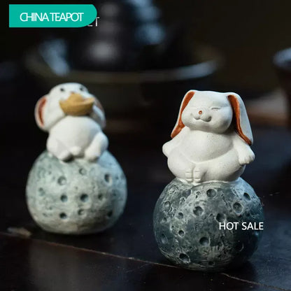 Chinese Yixing Handmade Sculpture Purple Clay Tea Pet Moon Rabbit Model Ornaments Tea Figurine Crafts Zisha Tea Set Decoration