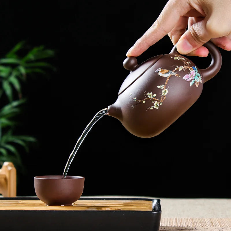 5pcs 200cc Pot Xishi Clay Tea Hand Carved Purple Teapot Zisha Set Peony Filter Authentic Kettle Puer Chinese Yixing Master