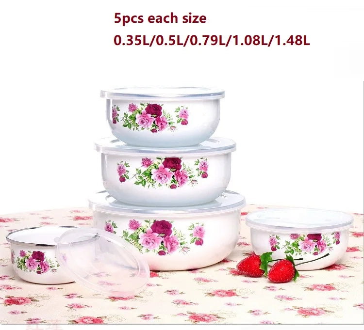 5pcs Bowls set  Retain Freshness Enamel Mixing Bowl Utensils Enamel Kitchen Tool with Sealing Cover