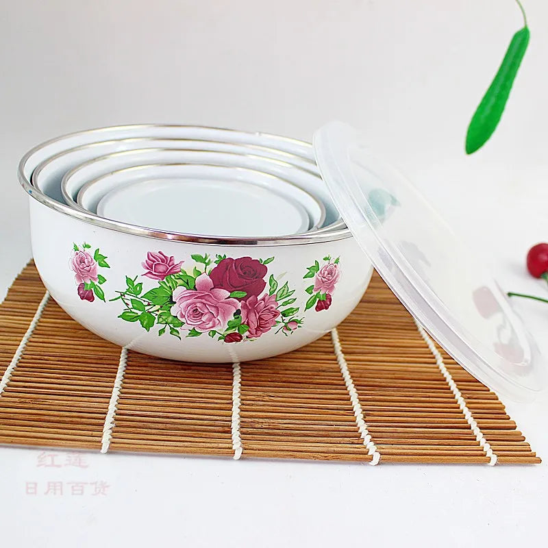 5pcs Bowls set  Retain Freshness Enamel Mixing Bowl Utensils Enamel Kitchen Tool with Sealing Cover