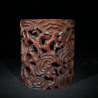 6.1" Collect China Old Bamboo Hollow Out Carving Glossy Ganoderma Ruyi Brush Pot