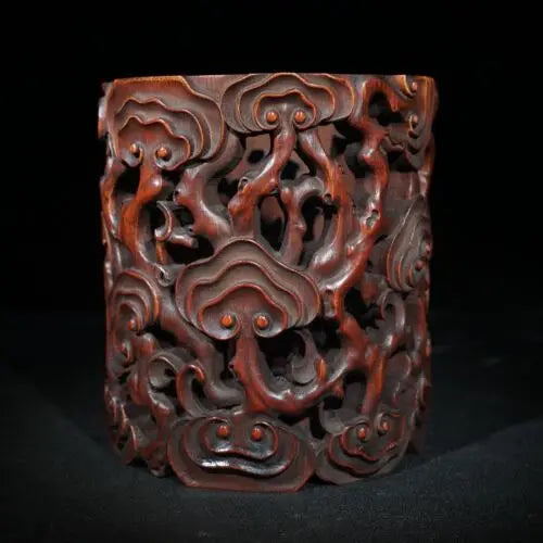 6.1" Collect China Old Bamboo Hollow Out Carving Glossy Ganoderma Ruyi Brush Pot