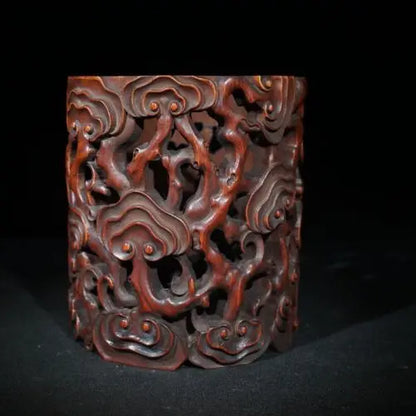 6.1" Collect China Old Bamboo Hollow Out Carving Glossy Ganoderma Ruyi Brush Pot