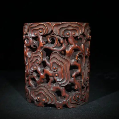6.1" Collect China Old Bamboo Hollow Out Carving Glossy Ganoderma Ruyi Brush Pot