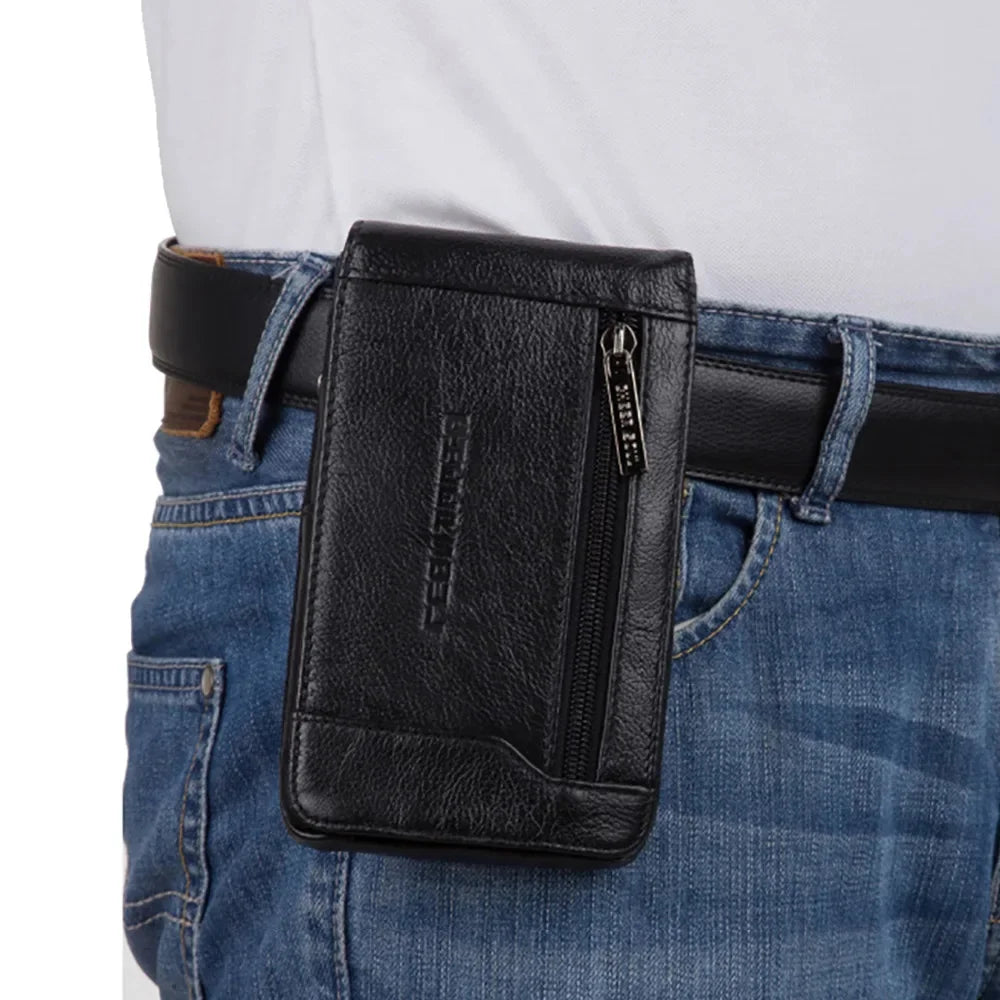 6.1 Inch Genuine Leather Waist Belt Pack Men Hip Bum Pocket Card Holder Cowhide Coin Purse Pouch Cell Phone Case Hook Fanny Bags