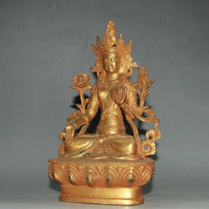 6.2" Antique old temple tibet Buddhism dynasty bronze gilt white tara statue
