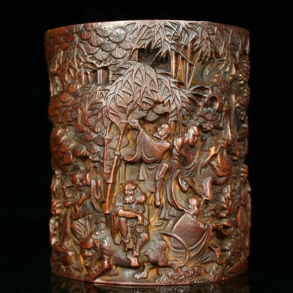 6.4'' China Wood brush pot natural Bamboo carving Pen holder Buddha