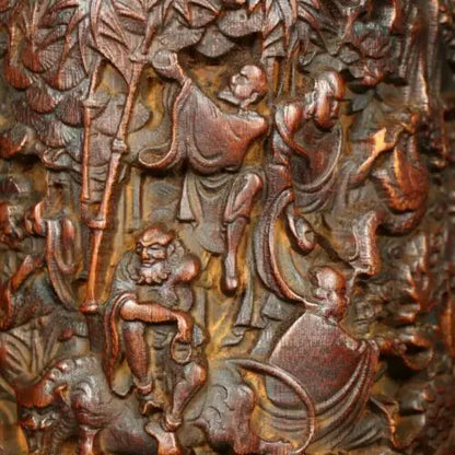 6.4'' China Wood brush pot natural Bamboo carving Pen holder Buddha
