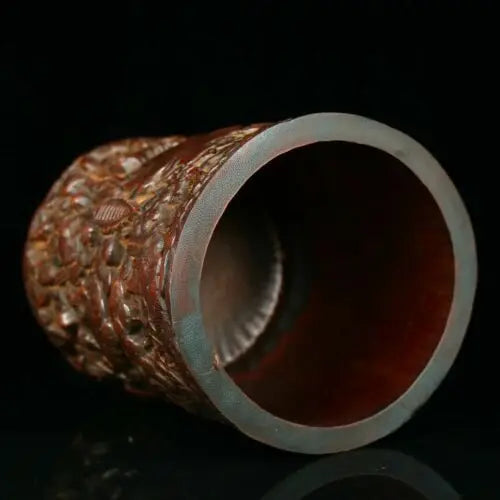 6.4'' China Wood brush pot natural Bamboo carving Pen holder Buddha
