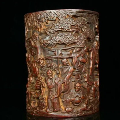6.4'' China Wood brush pot natural Bamboo carving Pen holder Buddha