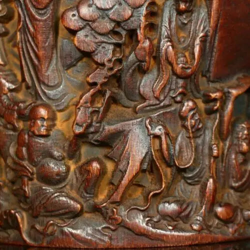 6.4'' China Wood brush pot natural Bamboo carving Pen holder Buddha