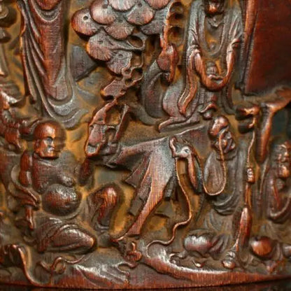 6.4'' China Wood brush pot natural Bamboo carving Pen holder Buddha