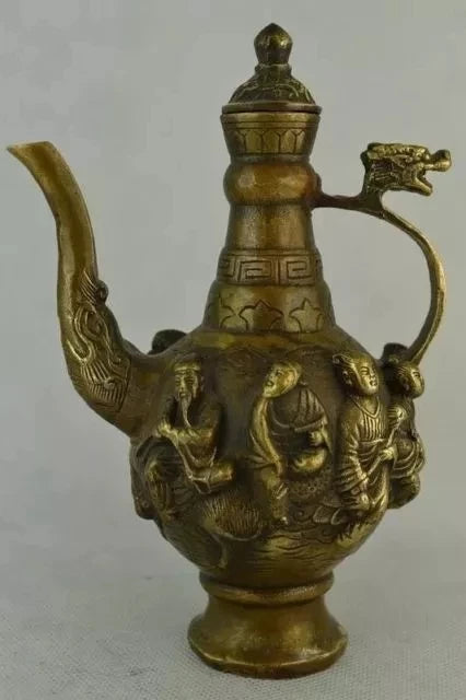 6.75 inch / Elaborate Chinese old copper hand-carved eight immortal dragon teapot