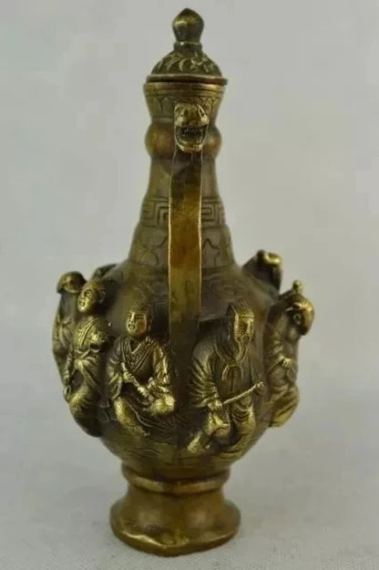 6.75 inch / Elaborate Chinese old copper hand-carved eight immortal dragon teapot