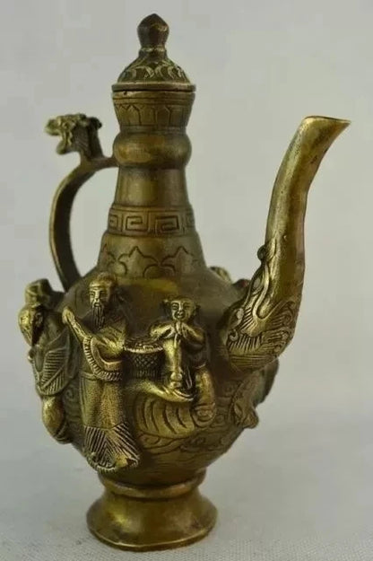 6.75 inch / Elaborate Chinese old copper hand-carved eight immortal dragon teapot