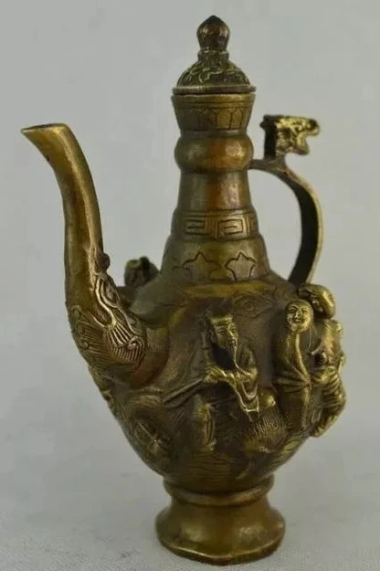 6.75 inch / Elaborate Chinese old copper hand-carved eight immortal dragon teapot