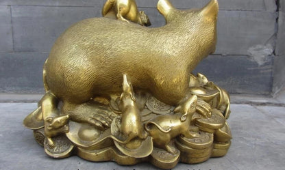 6 Chinese Brass Copper Feng Shui Auspicious Wealth YuanBao Zodiac Mouse Statue