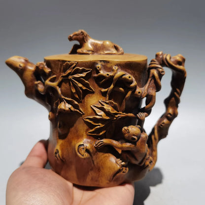 6"Chinese Yixing Purple clay pot horse statue root pattern kettle teapot flagon part mud Gather fortune Office Ornaments