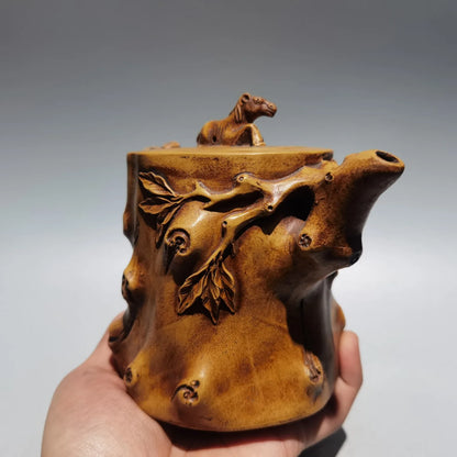 6"Chinese Yixing Purple clay pot horse statue root pattern kettle teapot flagon part mud Gather fortune Office Ornaments
