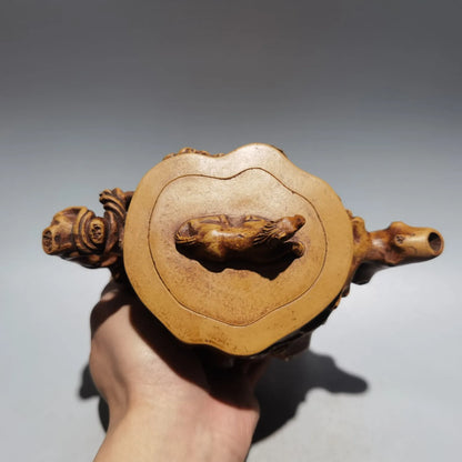 6"Chinese Yixing Purple clay pot horse statue root pattern kettle teapot flagon part mud Gather fortune Office Ornaments
