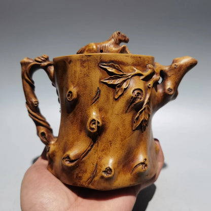 6"Chinese Yixing Purple clay pot horse statue root pattern kettle teapot flagon part mud Gather fortune Office Ornaments