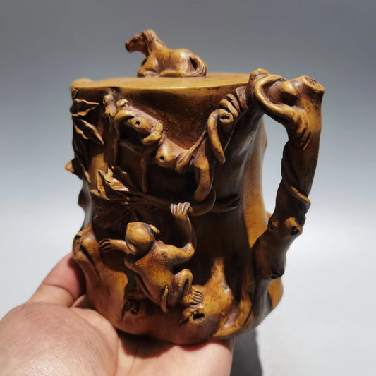 6"Chinese Yixing Purple clay pot horse statue root pattern kettle teapot flagon part mud Gather fortune Office Ornaments