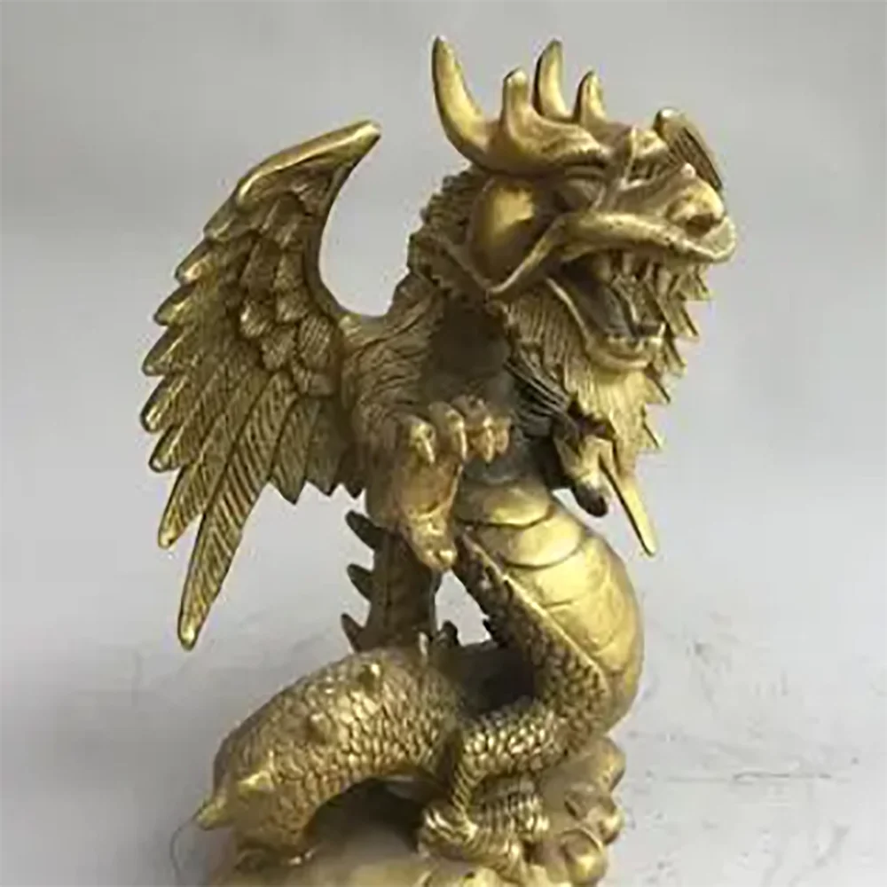 6" Chinese old antique bronze brass auspicious dragon Fengshui ornaments statue