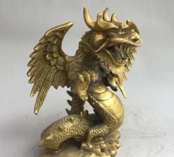 6" Chinese old antique bronze brass auspicious dragon Fengshui ornaments statue
