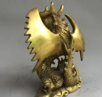 6" Chinese old antique bronze brass auspicious dragon Fengshui ornaments statue