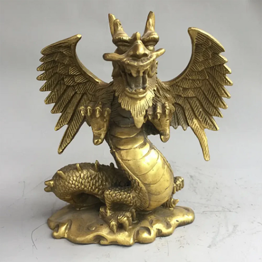 6" Chinese old antique bronze brass auspicious dragon Fengshui ornaments statue