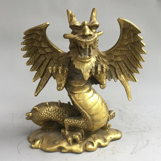 6" Chinese old antique bronze brass auspicious dragon Fengshui ornaments statue