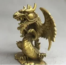 6" Chinese old antique bronze brass auspicious dragon Fengshui ornaments statue