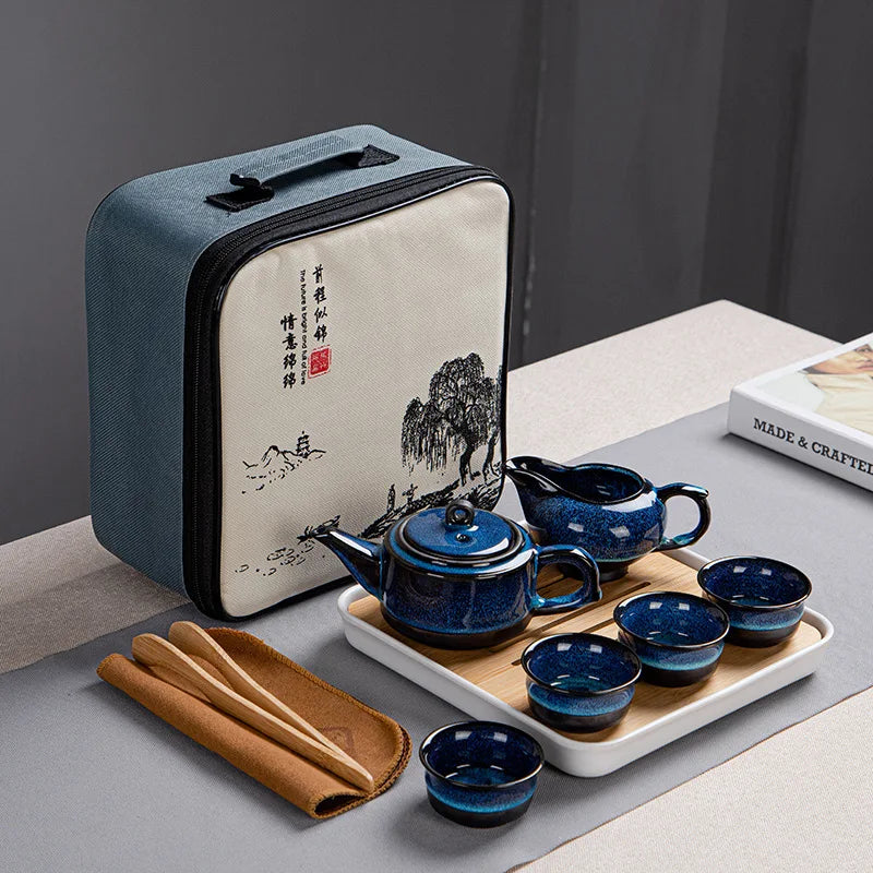 6 Japanese Style Teaware Sets Blue Ceramic Tea Cups Business Gift Portable Travel Chinese Kung Fu Teapot 180ML