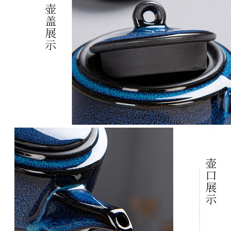 6 Japanese Style Teaware Sets Blue Ceramic Tea Cups Business Gift Portable Travel Chinese Kung Fu Teapot 180ML
