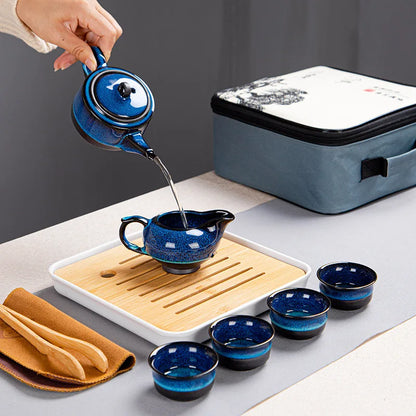 6 Japanese Style Teaware Sets Blue Ceramic Tea Cups Business Gift Portable Travel Chinese Kung Fu Teapot 180ML