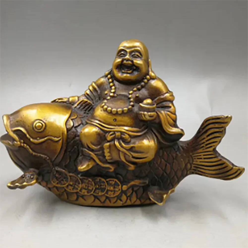 6'' Tibet Copper Brass Animal Wealth Good Fortune Fish Maitreya Buddha