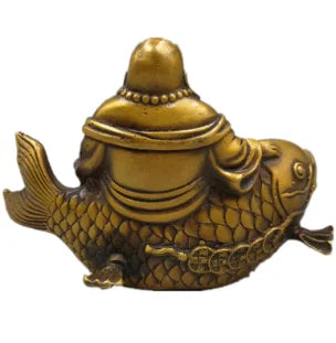 6'' Tibet Copper Brass Animal Wealth Good Fortune Fish Maitreya Buddha