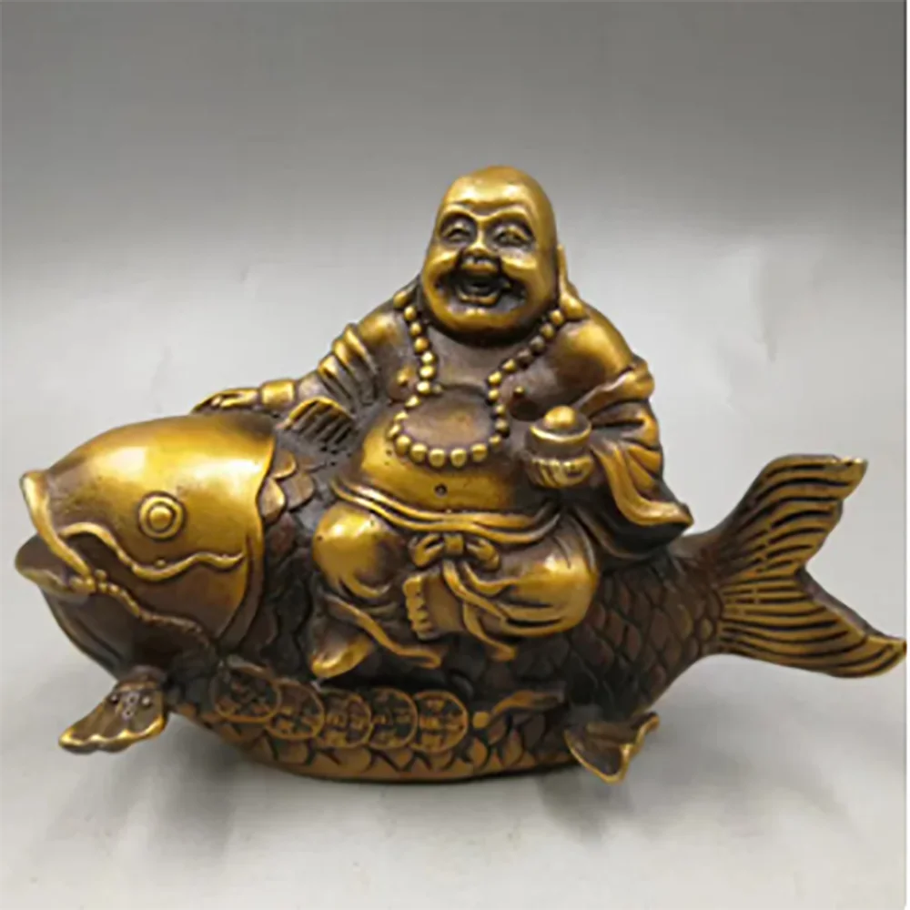6'' Tibet Copper Brass Animal Wealth Good Fortune Fish Maitreya Buddha